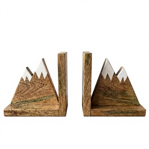 Wooden Mountain <b>Bookends</b> Set Of 2 Rustic Handcrafted Triangle Shape With Snow Cap Design For Bookshelf Decor - Product Image 2