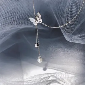 Fashion charm adjustable sterling silver choker butterfly necklace pendent with pear for women wedding