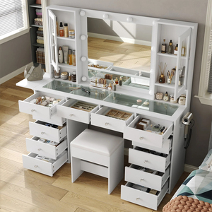 Moderno <span class=keywords><strong>Tocador</strong></span> de Maquillaje con LED Blanco, Espejo con 10 Bombillas Regulables, 12 Cajones de Almacenamiento, Mesa de Maquillaje de <span class=keywords><strong>MDF</strong></span> para Dormitorio - Product Image 3