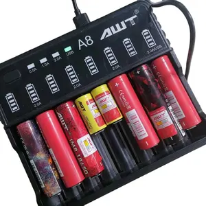 Multi function AWT A8 5V 2A 8 slots inr 18650 13q battery icr 18650 battery 2200mah 18650 battery 3500 mah
