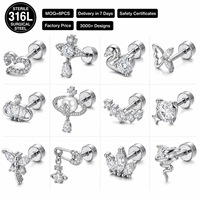 Vente en gros de clous d'oreilles labret en acier inoxydable ASTM F136 à dos plat, motif animal, pour cartilage, avec zircone cubique argentée, motif cygne, hypoallergéniques
