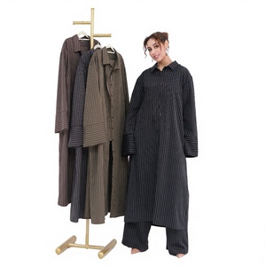 Loriya Modest Muslim Women Summer Adults <b>2</b>-<b>Piece</b> Striped Lapel Button Top Wide Leg Pants Co-Ord Set Daily Wear Polyester - Product Image 4