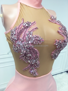 Vestido Camisero Vaquero Sexy de Dos Piezas con Cuello Slash, Sin Mangas, Rosa, Hasta la Rodilla, Talla XL, Elegante, con Cristales, para Club, Color Natural Sólido - Product Image 3