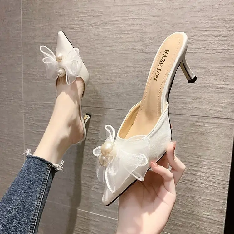 Spring Heeled Slip On Shoes Women's Elegant Outdoor Pearl Bow knot Wedges Shoes Women's Bride Dress Shoes