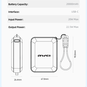 Chargeur rapide mini mince avec logo personnalisé, batterie externe 20000mAh, légère, pour le tourisme en plein air, batterie externe portable avec câble - Product Image 6