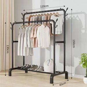 Clothes Rack Double Bar 150cm Standing Clothes Organizer For Bedroom Balcony Drying Rod With Shoe Shelf - Product Image 3