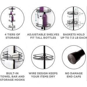 Modern Hotel Use Bathroom Black <b>Corner</b> Rack Storage Organizer 4 Tier Metal Telescopic Shower Caddies - Product Image 5