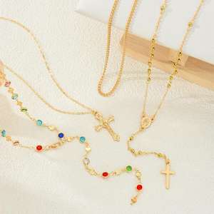 3個セット Y2K マルチカラー ジルコン象嵌 合金 18K金メッキ ロングチェーン クロスネックレス レディース スタッカブル チョーカー アクセサリー - Product Image 4