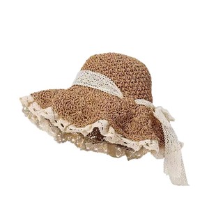 Chapeau de soleil en paille naturelle réglable pour femme, style français, à large bord, imprimé sérigraphié, avec nœud en dentelle, pour l'été et la plage - Product Image 5