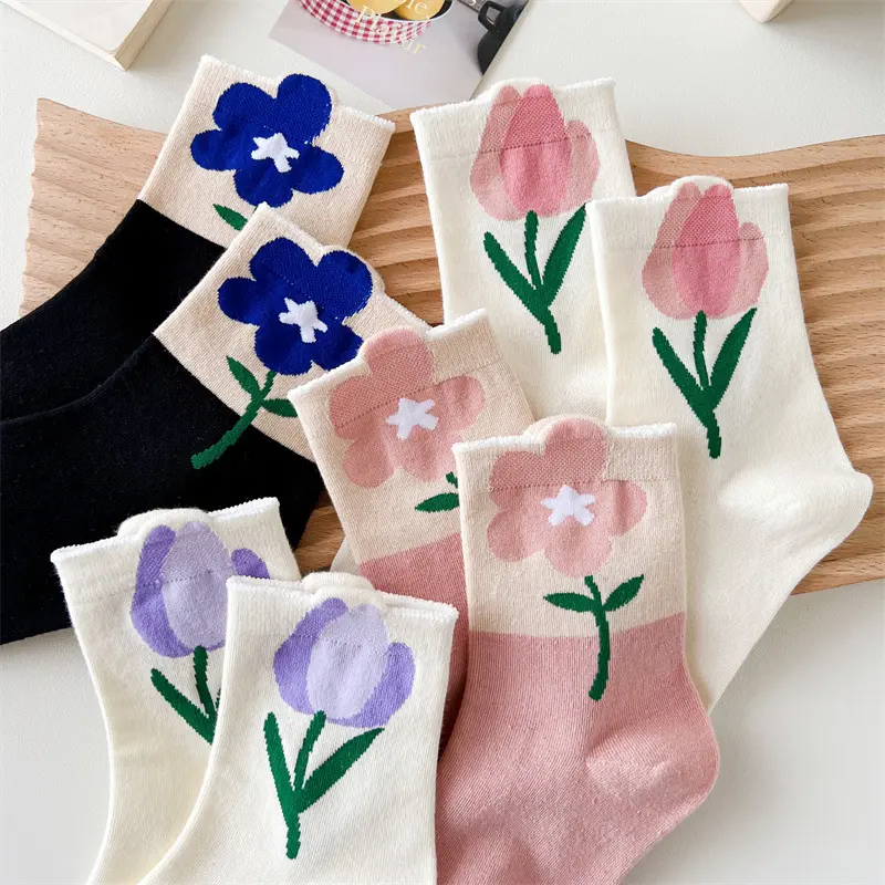 women Socks Japanese Korean Style Cartoon Flower Candy Color Harajuku Kawaii Mid Tube Socks Breathable Casual Short Socks