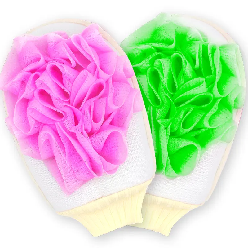 Sarung tangan handuk bulat dua sisi, sarung tangan mandi bunga merah muda hijau cinta pengelupasan
