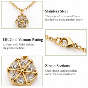 Hexagon Zircon Necklace Stainless Steel 14K <b>Gold</b> Vacuum Plated Geometric Pendant Fine Chain Jewelry - Product Image 4
