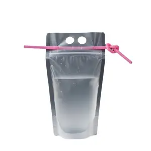 투명 투명 다시 닫을 수있는 휴대용 지퍼 플라스틱 투명 주스 음료 파우치 빨대 플라스틱 음료 가방