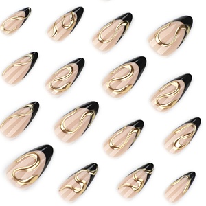Uñas Postizas de Estilo Francés, Color Negro, <span class=keywords><strong>con</strong></span> Diseño Artístico Dorado en 3D, para <span class=keywords><strong>Manicura</strong></span>, Uñas a Presión - Product Image 3