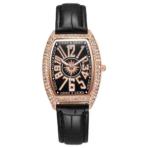低价Tonneau钻石表圈石英表时尚女士礼品合金手表PU皮革腕表
