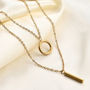 Collier superposé tendance doré à double chaîne avec pendentif géométrique cercle et barre pour usage quotidien - Product Image 3