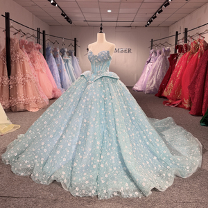 Robe de princesse élégante bleu ciel naturel 8567, broderie imprimée, antistatique, paillettes scintillantes, tulle, corset, robe de bal de mariée en dentelle - Product Image 2