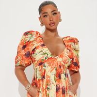 Gaun Mini Wanita Lengan Pendek Motif Bunga Elegan V-Neck Chiffon Ruffle Pinggang Alami Pesta Malam Santai Liburan Flowy