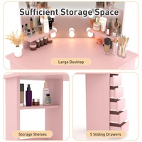 Moderner Rosa Luxus-Eck-Wandspiegel mit LED-Beleuchtung, Schminktisch mit 5 Schubladen, Hocker und Ablage