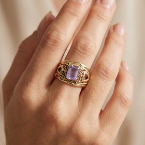 Rose Quartz Bohemian Flower Statement <b>Ring</b> <b>Gold</b> Plated Brass Unisex Wedding Engagement <b>Ring</b> for Religious Occasions - Product Image 4