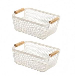Metal Wire Basket with Wooden Handles Mesh Steel Storage Organizer Bin <b>Containers</b> for Kitchen Fridge Fruit Makeup <b>Snacks</b> Gifts - Product Image 2