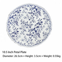 Assiette ronde en céramique bleue à fleurs de style britannique vintage, passe au lave-vaisselle et au micro-ondes, pour la décoration de la table à la maison