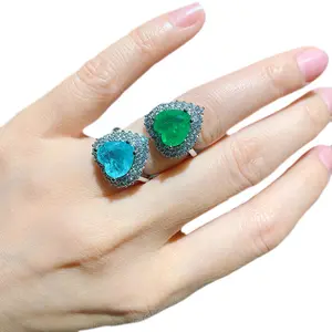 Anel de zircônia cúbica ajustável, esmeralda, coração, sintético, azul, paraiba, turmalina, formato de coração, de casamento, feminino