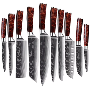 Set di Coltelli da Cucina 1-10 Pezzi con Manico in Resina Verde e Motivo Damascato al Laser per Affettare Carne e Cucinare - Product Image 4