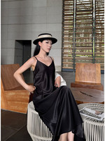 Robe longue élégante pour femme, personnalisée, sexy, à bretelles spaghetti, col halter, sans manches, en satin, col en V, pour l'été