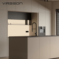 Meuble de cuisine modulaire beige minimaliste avec plan de travail en marbre, robinet, tiroir, panier, application en panneau mélaminé, finition peinte
