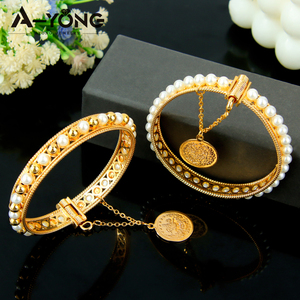 Dubai Fashion Women's Pearl <b>Bangle</b> Bracelet 21k Gold Plated Elegant Gold Beads Open <b>Bangles</b> with Coin Pendant - Product Image 5