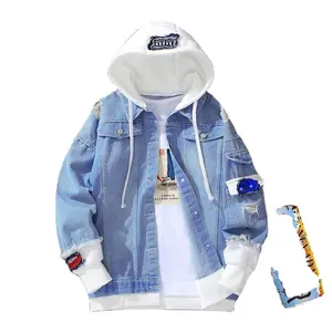 High Quality Customized New Faux Two Piece Casual Loose Manteau Homme With Patches Mens Denim Jacket