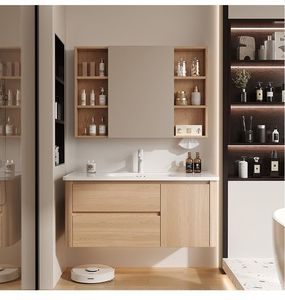Wall Hung Cabinet with <b>Mirror</b> and White Ceramic Basin Wholesale Brown Fluted Bathroom Vanity - Product Image 2