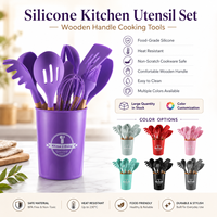 Ensemble de 12 ustensiles de cuisine en silicone avec manche en bois, résistants à la chaleur, pour la maison