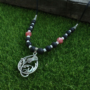 สร้อยคอยาวประดับโรโดโครไซต์และลูกปัดหินภูเขาไฟ พร้อมจี้รูปดอกธิสเทิล สร้อยคอแบบ<span class=keywords><strong>ชุด</strong></span>เอี๊ยมสไตล์ไวกิ้ง เครื่องประดับสำหรับผู้หญิงเสริมเสน่ห์ - Product Image 3