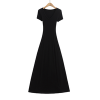 Robe longue en maille à col en V et manches courtes pour femme, élégante, coupe trapèze, ourlet évasé, taille naturelle, ajustée, pour le bureau, le quotidien ou les occasions décontractées