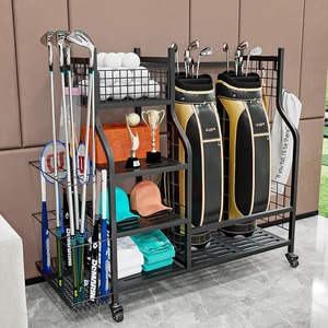 Estante de almacenamiento multiusos de 3 niveles con ruedas, portátil, a prueba de humedad, para pelotas de golf, baloncesto, equipo de fitness, color negro - Product Image 2