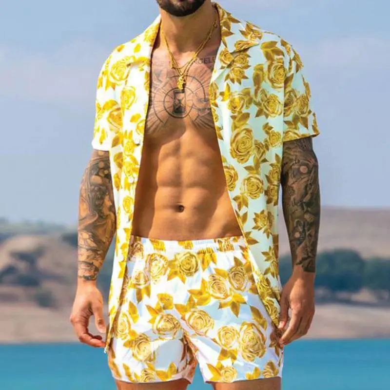 New Summer Hawaiian Flower Printing Mens Short Sleeve Casual Tracksuit Shirt Beach Shorts Sets Male Sports Suit