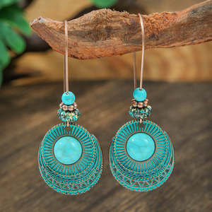 Ethnic Style Alloy <b>Drop</b> Earrings Women's Turquoise Bezel Setting Geometric Design Fashion Jewelry - Product Image 2