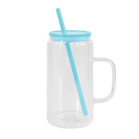 Verre à bière à double paroi en borosilicate de haute qualité, écologique, sans BPA, 16 oz, transparent, avec poignée, bouchon pré-percé avec couvercle en PP