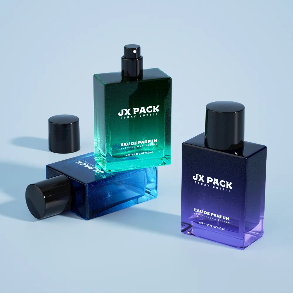 30ml 50ml 100ml 커스텀 클리어 플랫 스퀘어 타입 빈 유리 스프레이 병 새로운 디자인 직사각형 향수병 포장