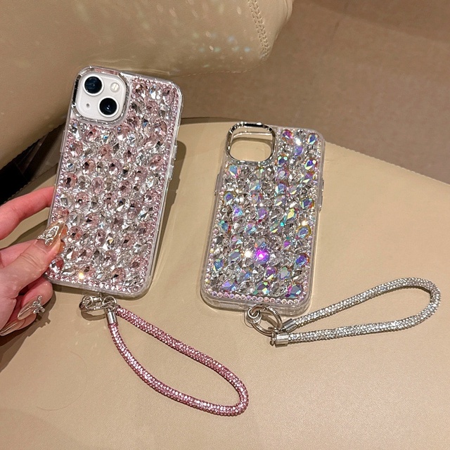 For Luxury Pink Diamond for 16 Compatible Matte Varnishing Shockproof Phone Case with Lanyard