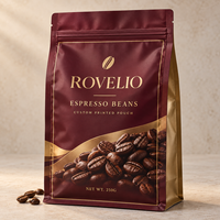Sachet d'emballage personnalisé imprimé avec soufflet latéral et fermeture éclair refermable pour grains de café expresso, marque privée, vente en gros