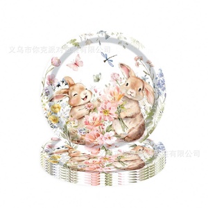 Assiettes en papier à thème lapin et fleurs peintes à la main, ensemble de fournitures de fête jetables pour anniversaire, pique-nique, fête du thé - Product Image 2