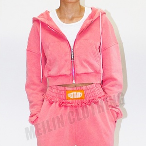 Manufacturer Wholesale Custom logo Women <b>Cropped</b> Hoodies Streetwear Heavyweight High Quality Acid Wash <b>Zip</b> <b>up</b> Hoodies for Women - Product Image 1
