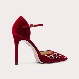 Eleganti <span class=keywords><strong>Tacchi</strong></span> da Sposa in Velluto Rosso Stile Francese <span class=keywords><strong>con</strong></span> <span class=keywords><strong>Cinturino</strong></span> alla Caviglia e Perle, Scarpe da Sposa Monofascia per Donne - Product Image 2