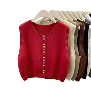 Gray Knitted Vest For Women <b>Spring</b> Rainbow Button Layered <b>Cardigan</b> Sweater Woolen Adult Size M L XL - Product Image 5