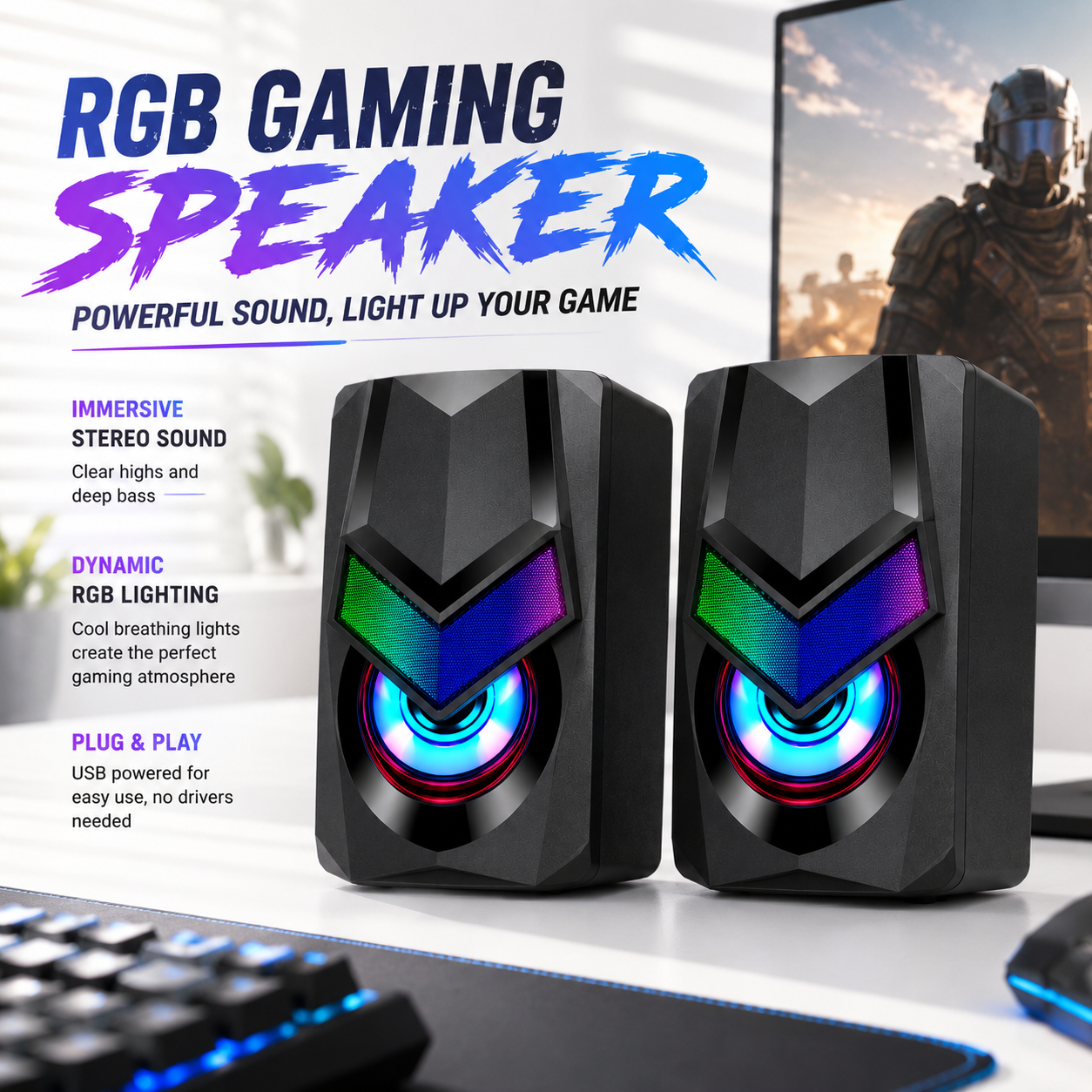 Mystery Boxes Gamer Desk Speakers with RGB Glow Stereo Sound & Volume Control