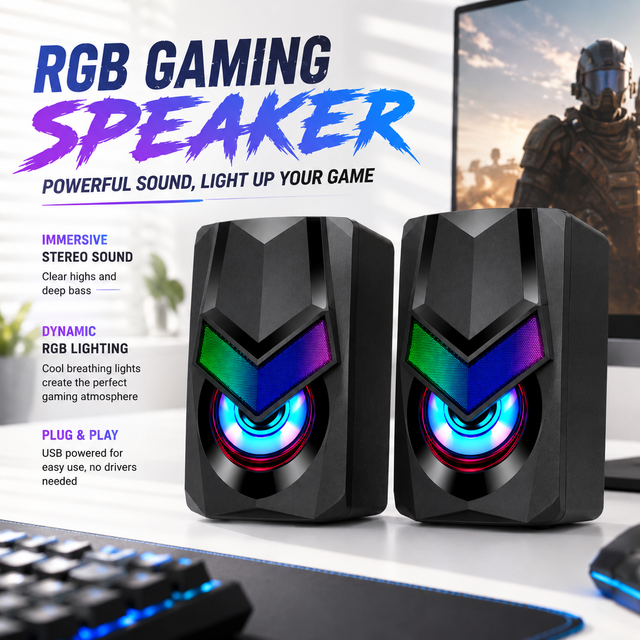 Mystery Boxes Gamer Desk Speakers with RGB Glow Stereo Sound & Volume Control