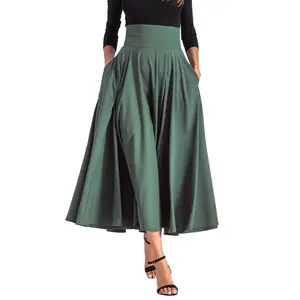 Falda larga con abertura para mujer, faldas Vintage plisadas acampanadas con bolsillos y lazo, de fabricantes de ropa personalizada